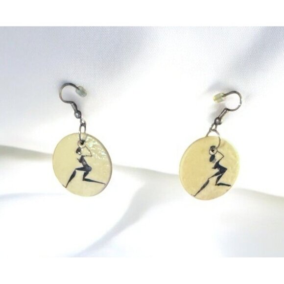 Handmade Cream Round Shell Earrings With Black Silhouette Art - Picture 1 of 9